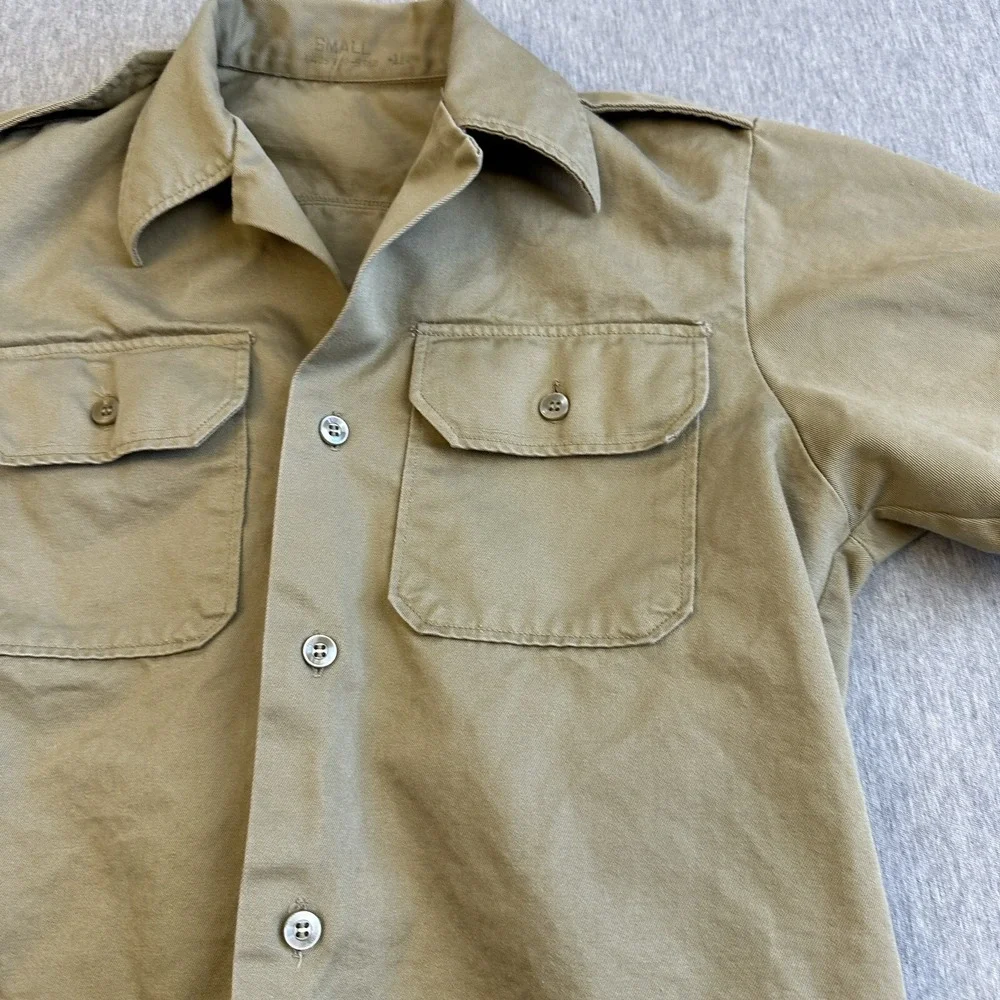 VTG US ARMY Khaki Uniform Short Sleeve Tan Shirt - Sz Small - See Pics